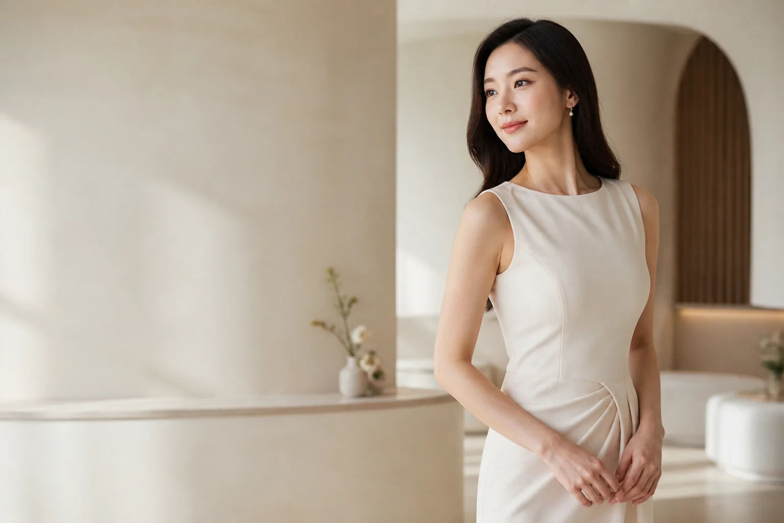 Woman in an elegant ivory dress in a calm clinic interior