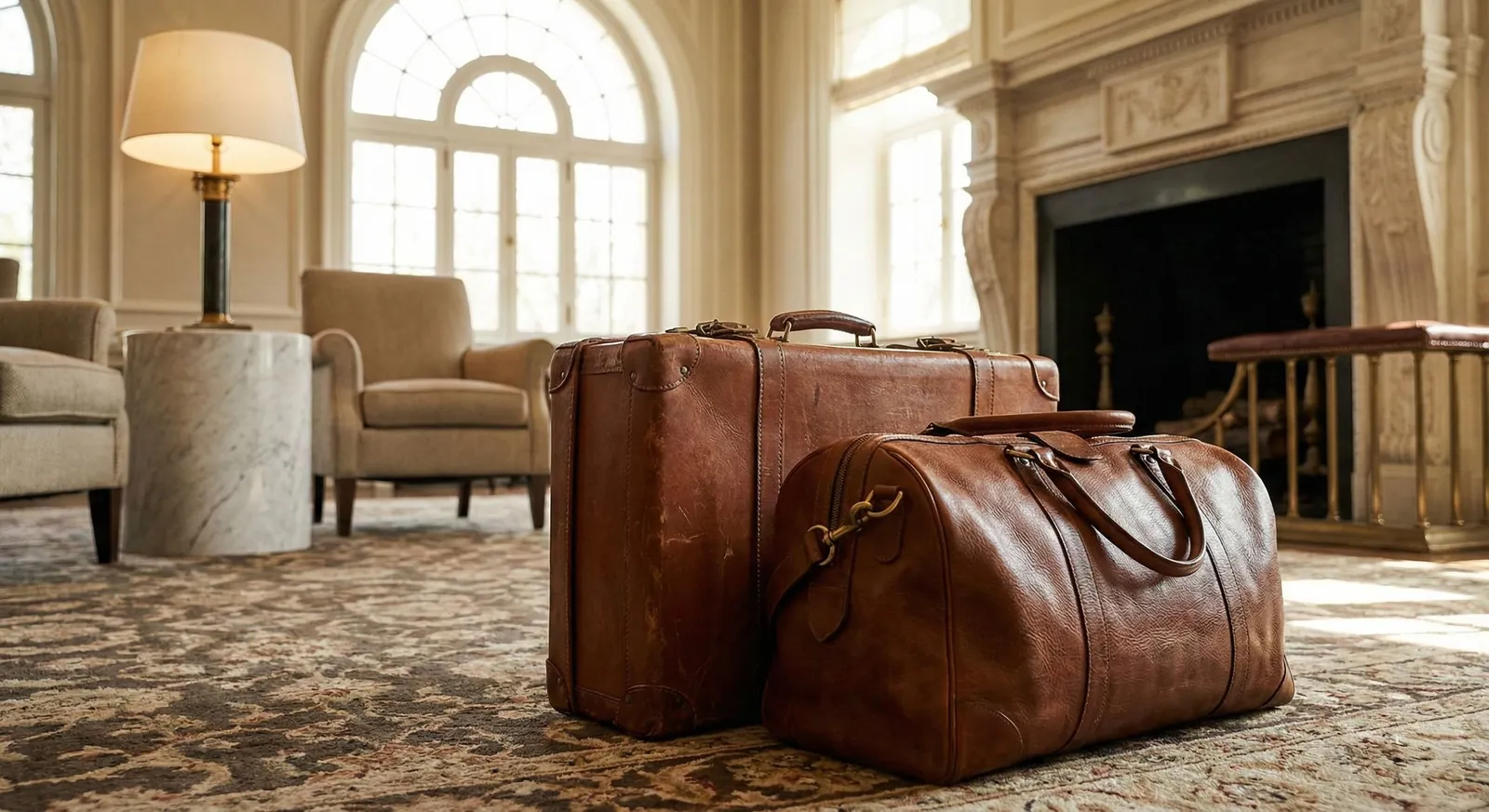 Luxury travel luggage in an elegant hotel lounge