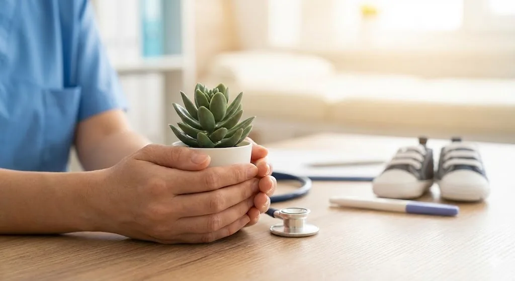 Healthcare professional holding a plant beside medical equipment