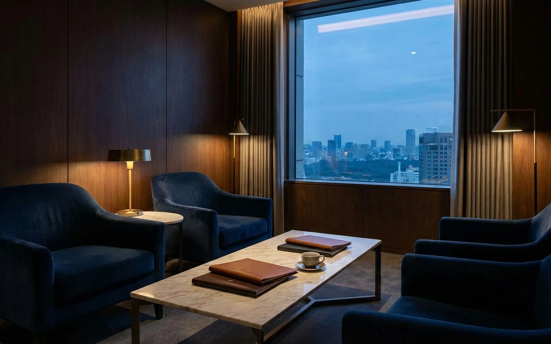 Premium medical concierge lounge overlooking Seoul